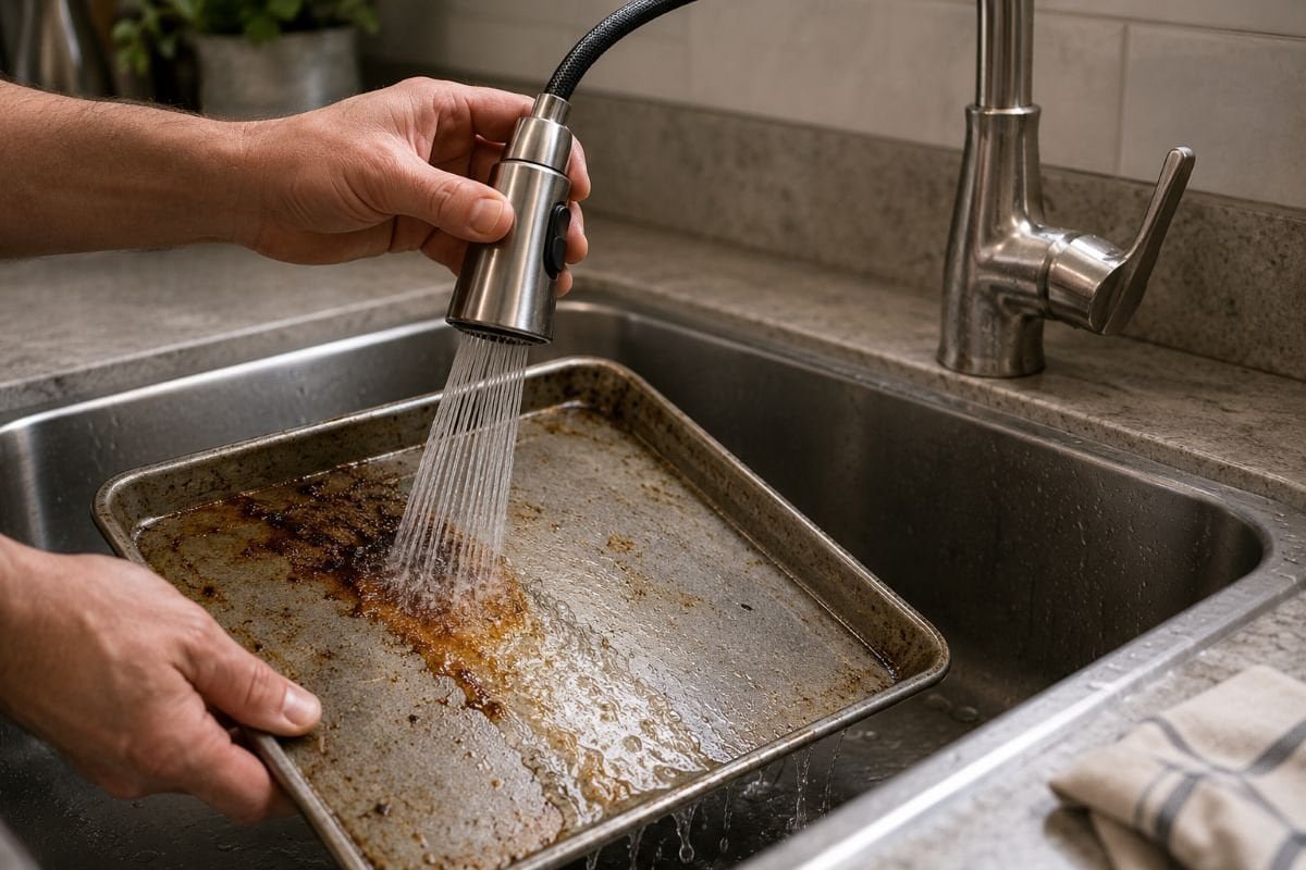 Kitchen faucet sprayer rinsing food residue from a baking sheet over the sink