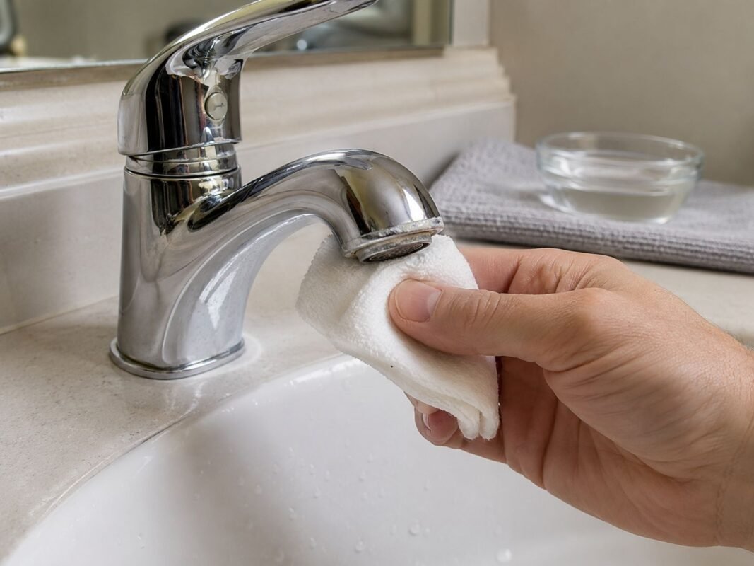 A damp cloth loosening hard-water deposits from a chrome bathroom faucet