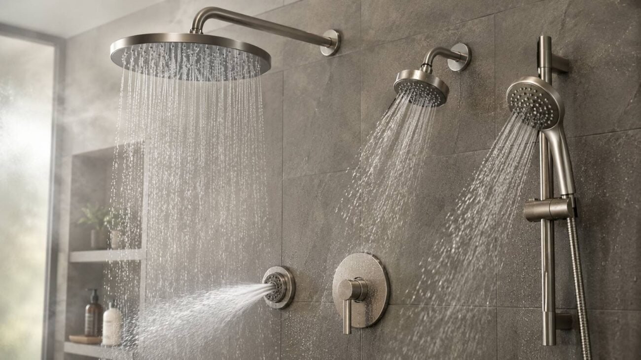 Different shower spray patterns including rainfall, massage spray, fixed showerhead, and handheld shower