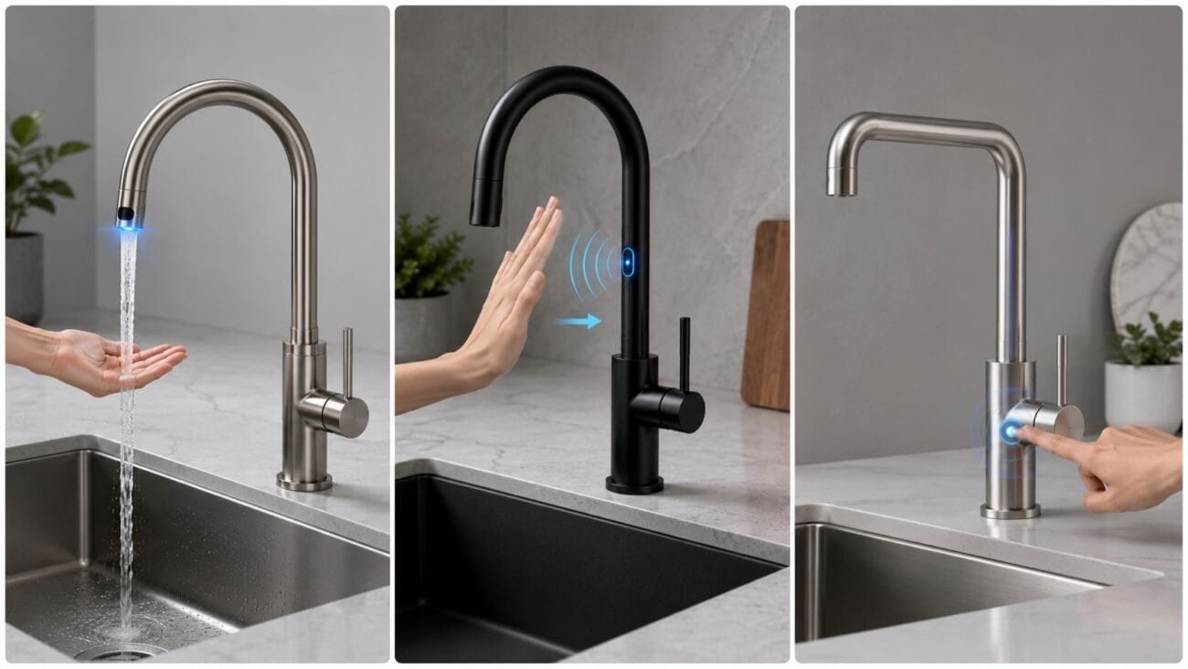 Different touchless kitchen faucet sensor types including motion sensor, wave sensor, and touch control