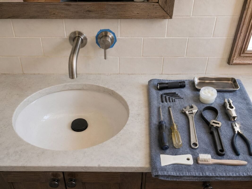 Tools and protective materials prepared for removing a wall-mounted faucet cartridge