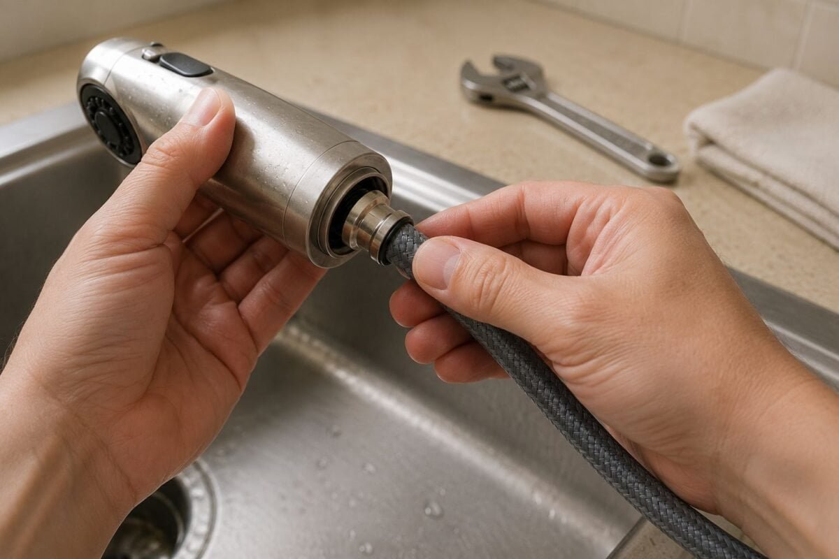 Attaching a new kitchen faucet hose to a pull-down spray head by hand over a stainless steel sink