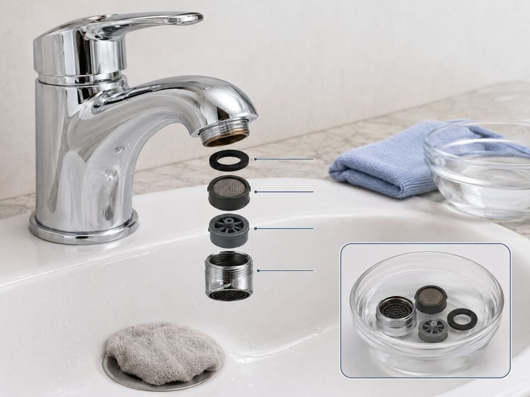 Bathroom faucet aerator removed with its washer, screen, and flow regulator arranged in order