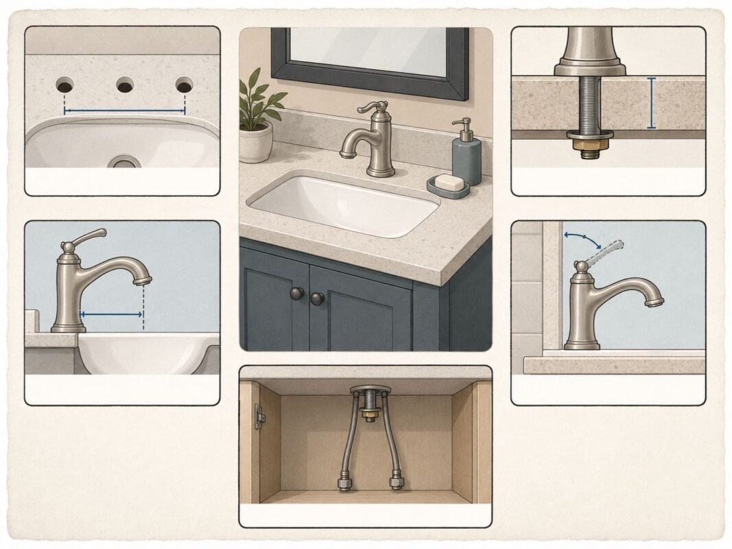 Bathroom faucet compatibility checklist showing hole spacing, deck thickness, spout reach, backsplash clearance, and under-sink access