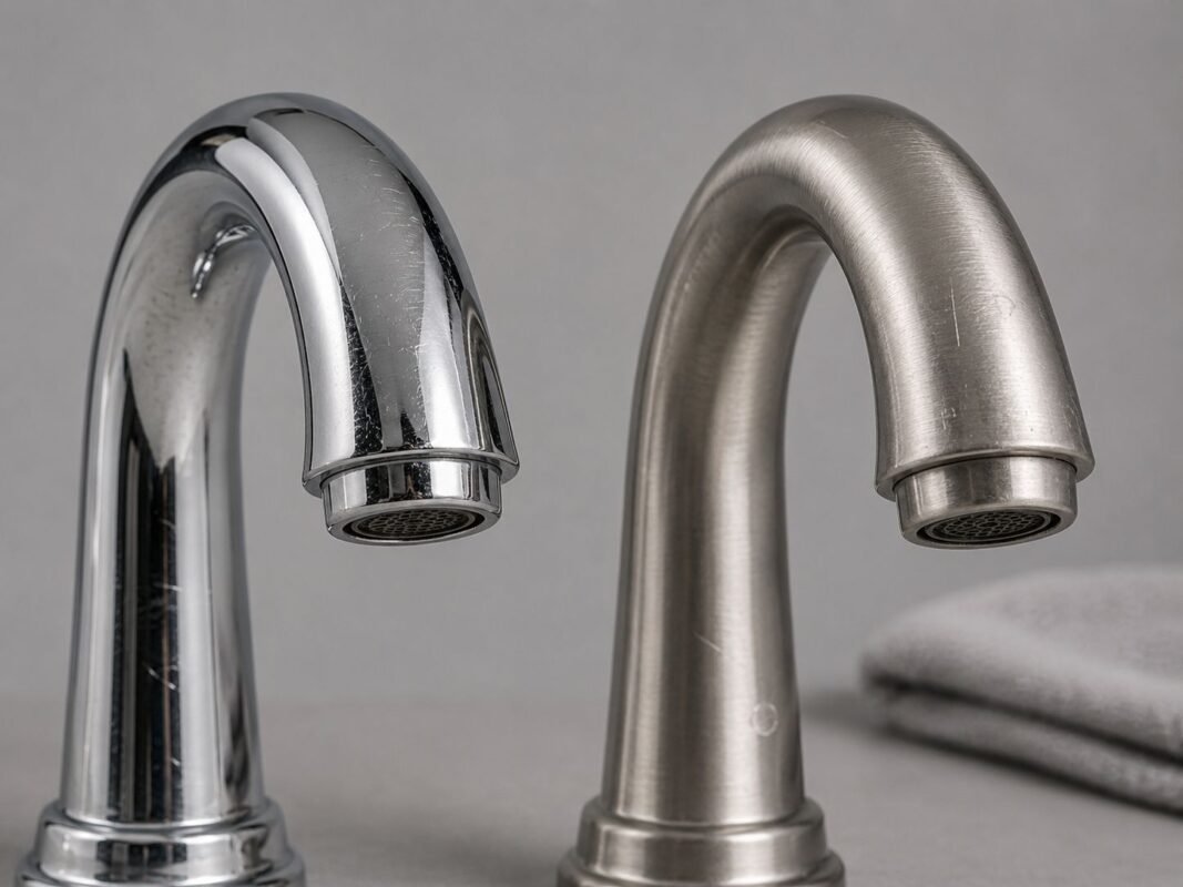 Close-up comparison of wear on chrome plating and brushed stainless steel faucet surfaces