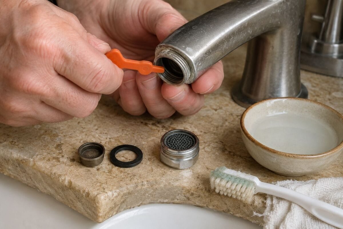 Faucet aerator, washer and removal key prepared for cleaning beside a bathroom sink