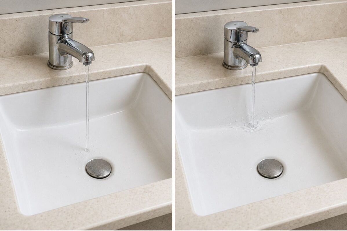 Comparison showing how correct and insufficient faucet spout reach affect water stream placement in a bathroom sink