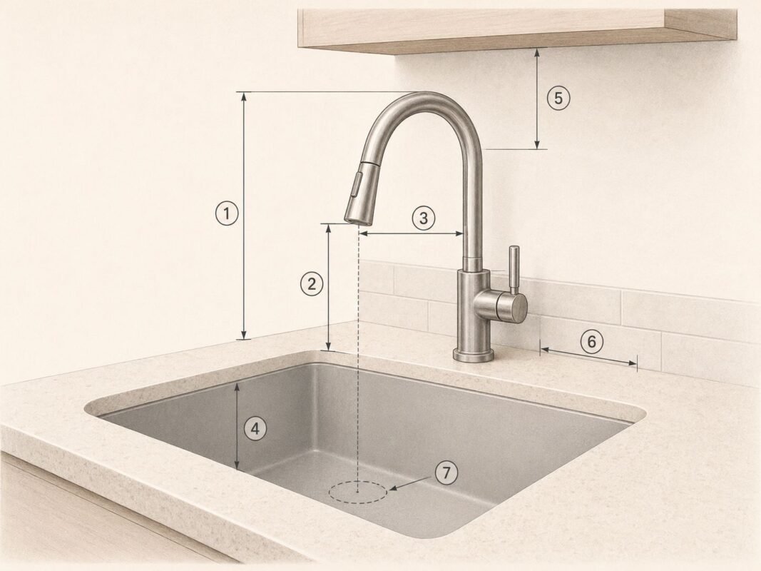 Kitchen sink measurement guide showing faucet height, spout height, spout reach, sink depth, and backsplash clearance