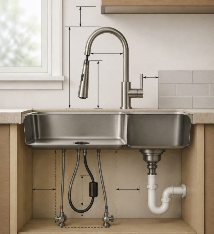 Kitchen faucet installation diagram showing spout reach, faucet height, backsplash clearance, and under-sink hose space