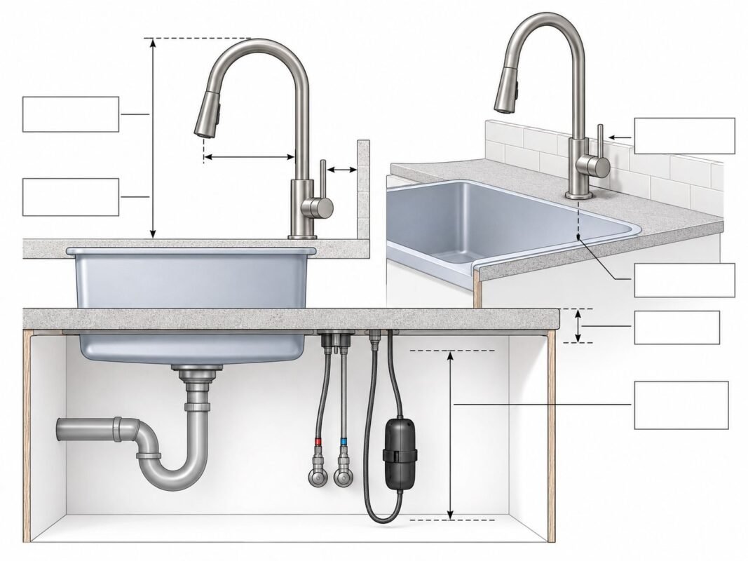 Kitchen faucet measurement guide showing spout height, reach, handle clearance, and deck holes