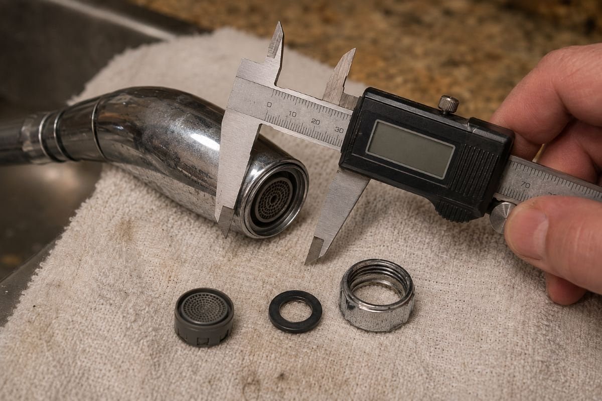 Measuring a pull-out faucet spray head in millimeters before choosing an aerator