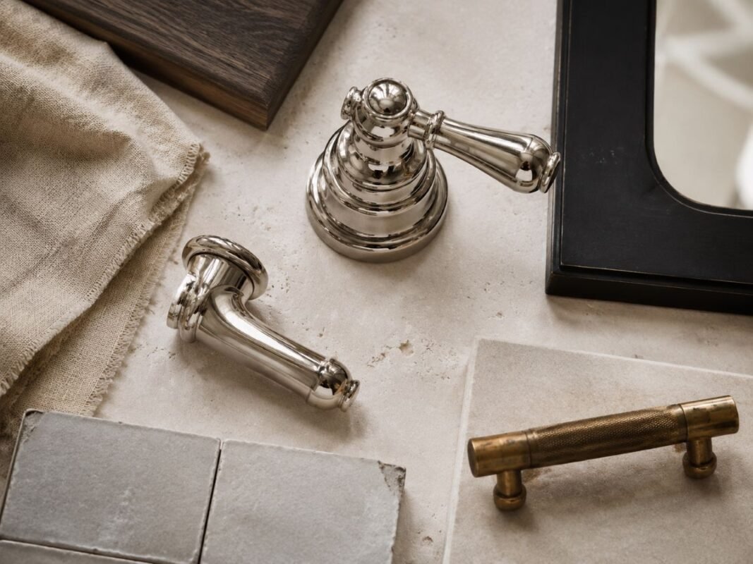 Polished nickel paired with brass and matte black bathroom finishes