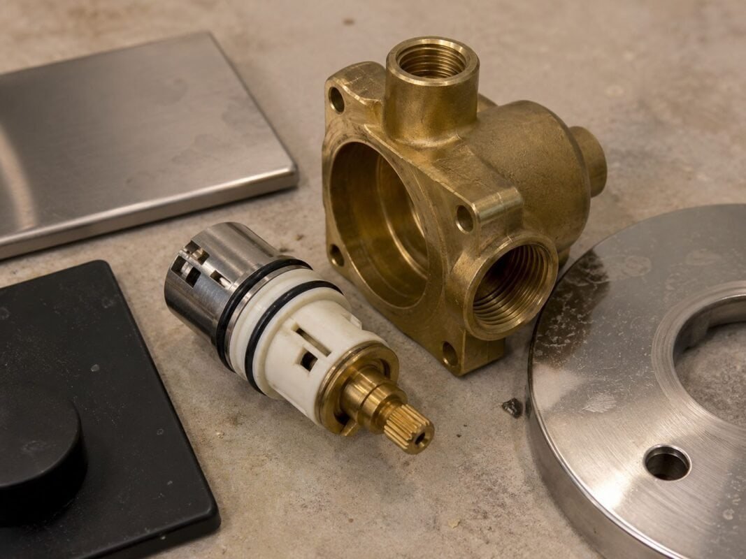 Close-up of shower faucet cartridge, brass valve body, and durable metal trim finish