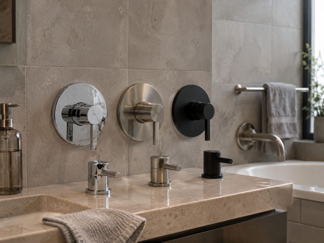 Coordinated shower faucet finishes in chrome brushed nickel and matte black bathroom design