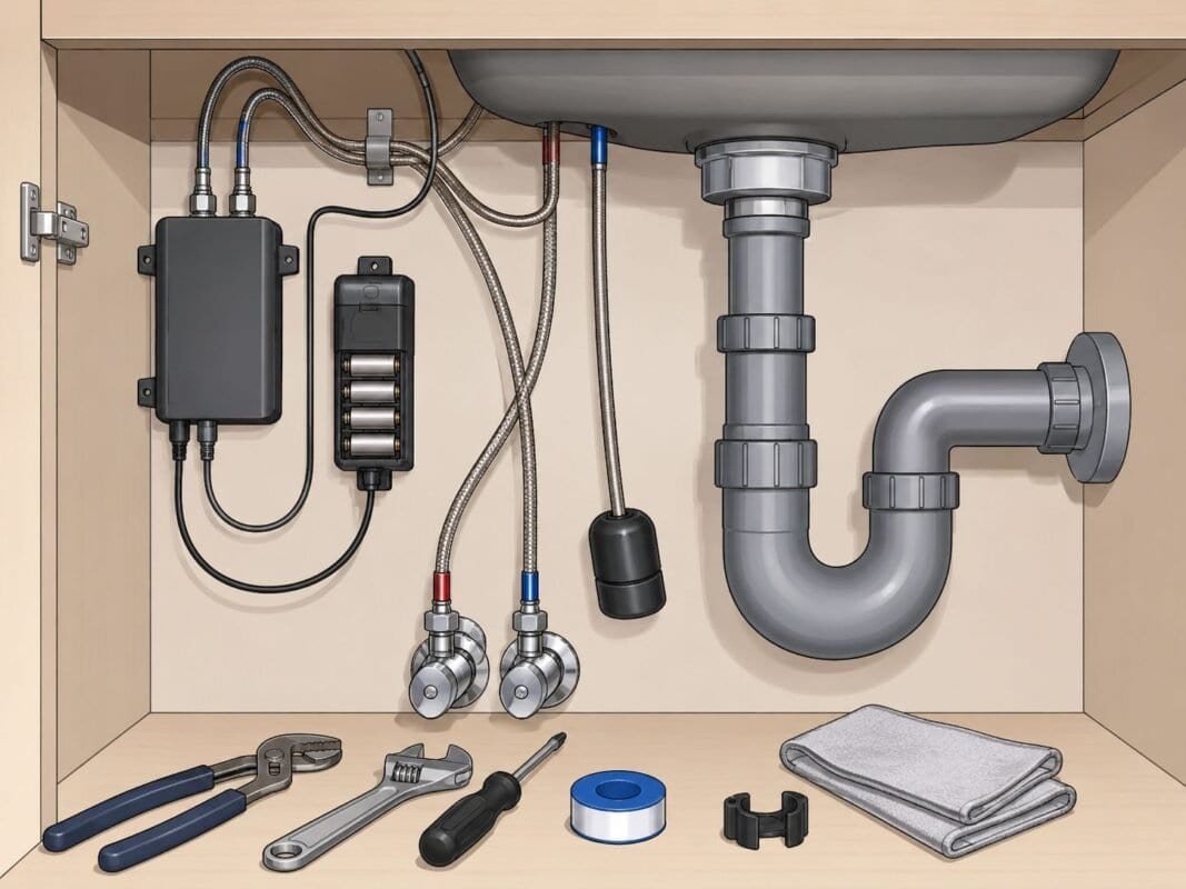 Under-sink installation of a touchless kitchen faucet with control box and battery pack