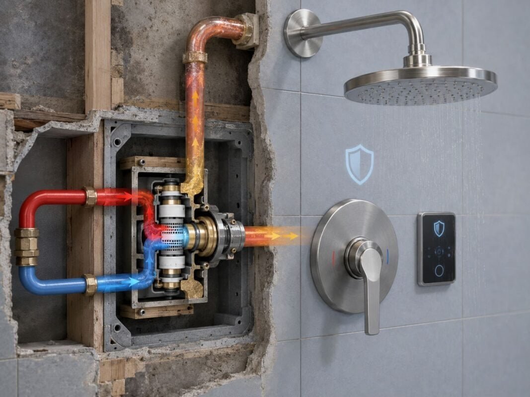 Shower faucet safety features with anti-scald valve and smart temperature control
