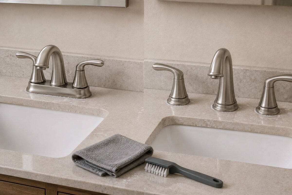 Hard-water buildup around centerset and widespread bathroom faucet bases