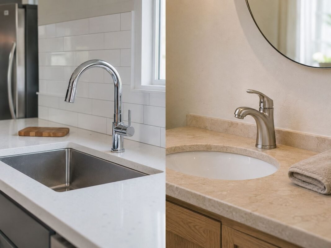 Chrome kitchen faucet and brushed nickel bathroom faucet shown in suitable interior settings