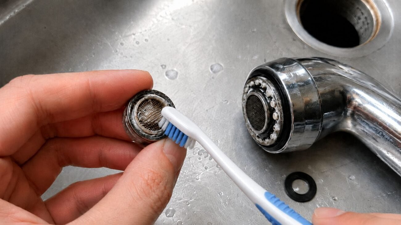 Cleaning and installing a pull-out faucet aerator to fix uneven water flow