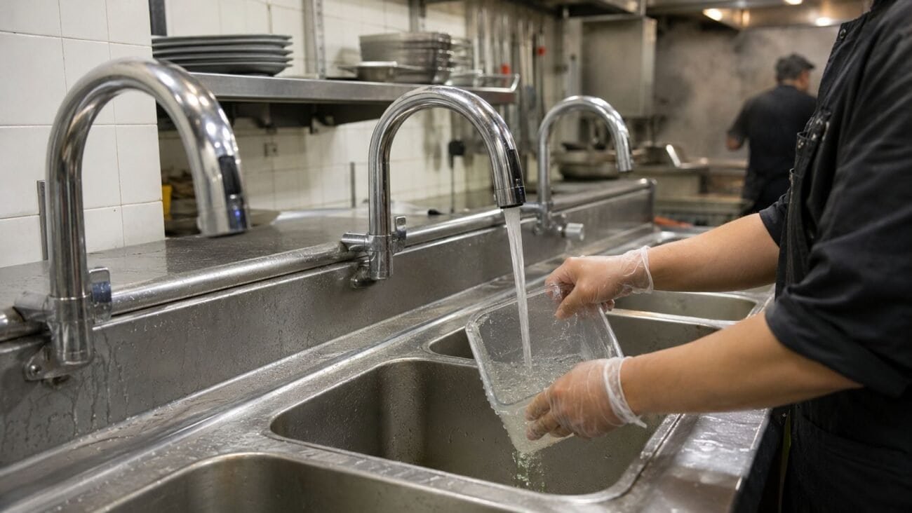 Commercial kitchen with multiple touchless faucets installed over stainless steel sinks