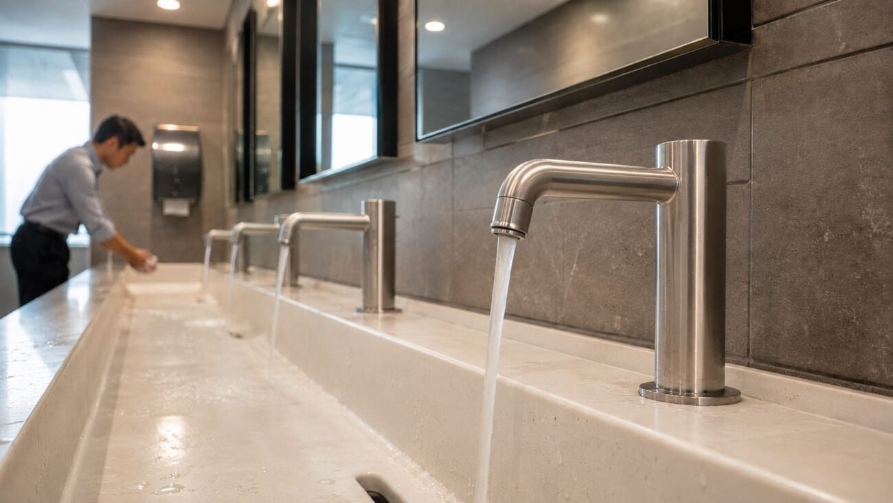 Low-flow faucets with controlled streams in a busy hotel public restroom