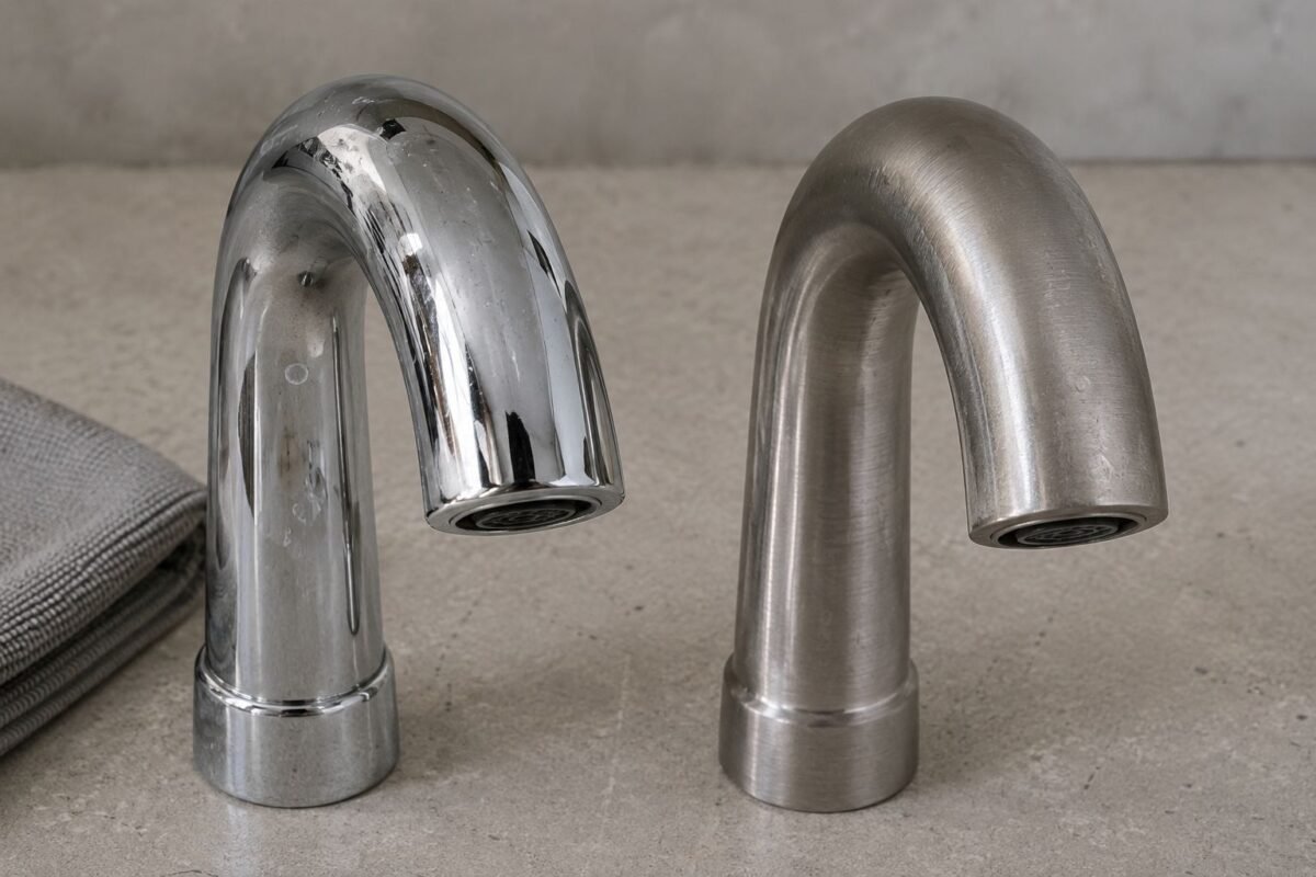 Hard-water mineral spots visible on polished chrome and brushed stainless steel faucets