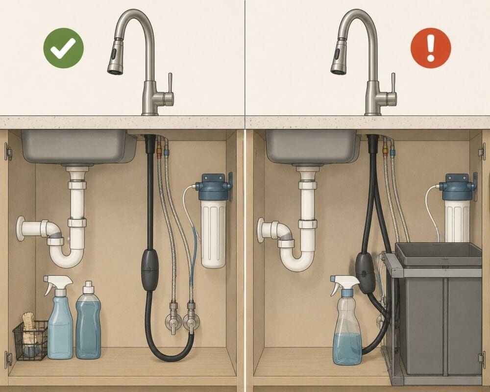 Under-sink comparison showing clear and obstructed hose routing for a retractable kitchen faucet