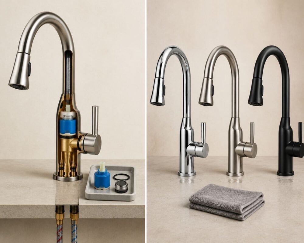 Cutaway kitchen faucet showing internal waterway, ceramic-disc cartridge, replaceable parts, and common faucet finishes
