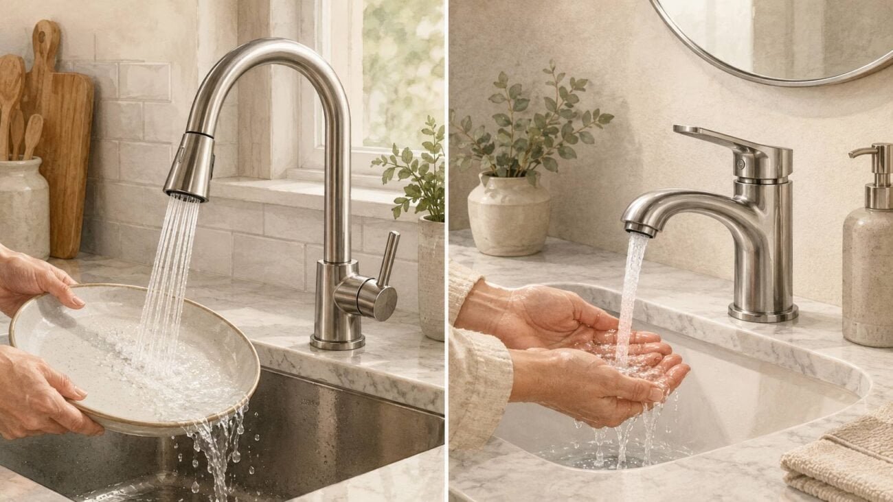 Kitchen and bathroom faucets showing different water flow needs