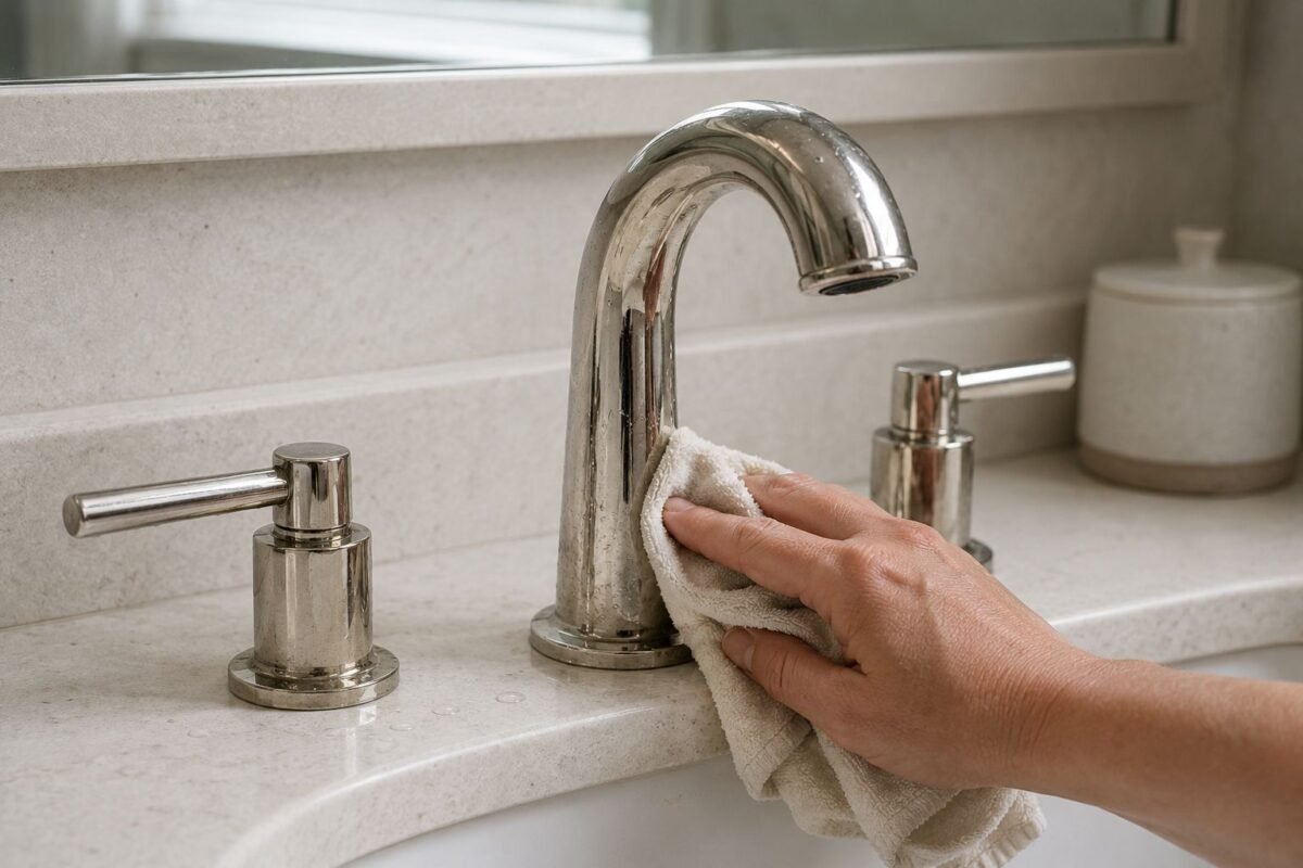 Polished nickel faucet with water spots being cleaned using a soft cloth