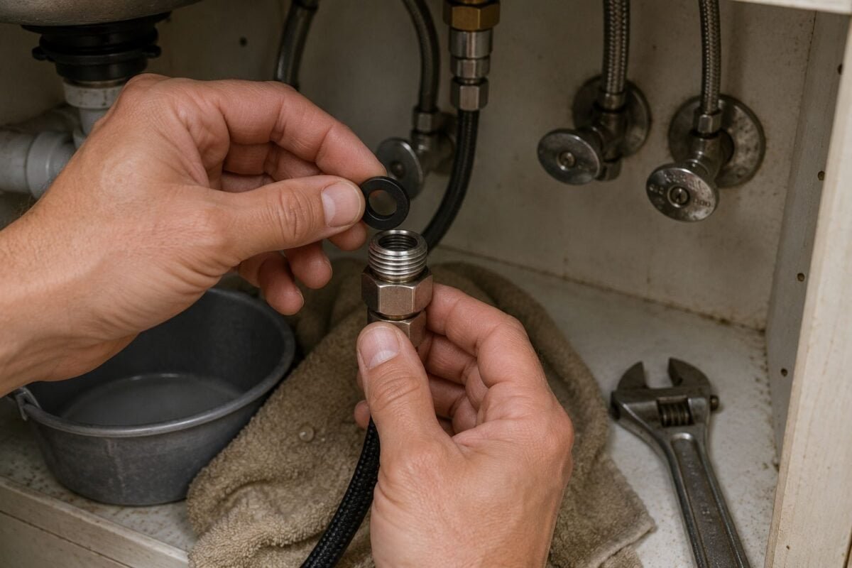 Correctly aligning a kitchen sprayer adapter, rubber washer, and threaded connection to prevent leaks and cross-threading.