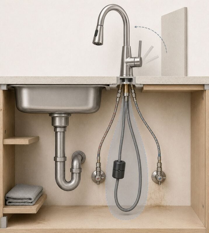Cutaway diagram showing a pull-down faucet with a continuous retractable hose, counterweight, and proper under-sink clearance