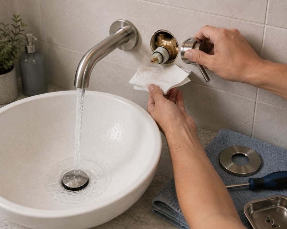Checking a newly installed wall-mounted faucet cartridge for leaks before reinstalling the escutcheon