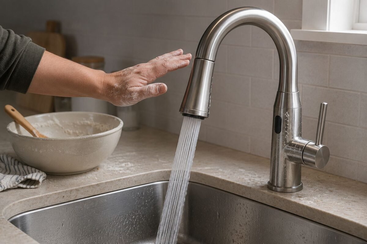 Touchless pull-down kitchen faucet activated by a hand above a stainless steel sink