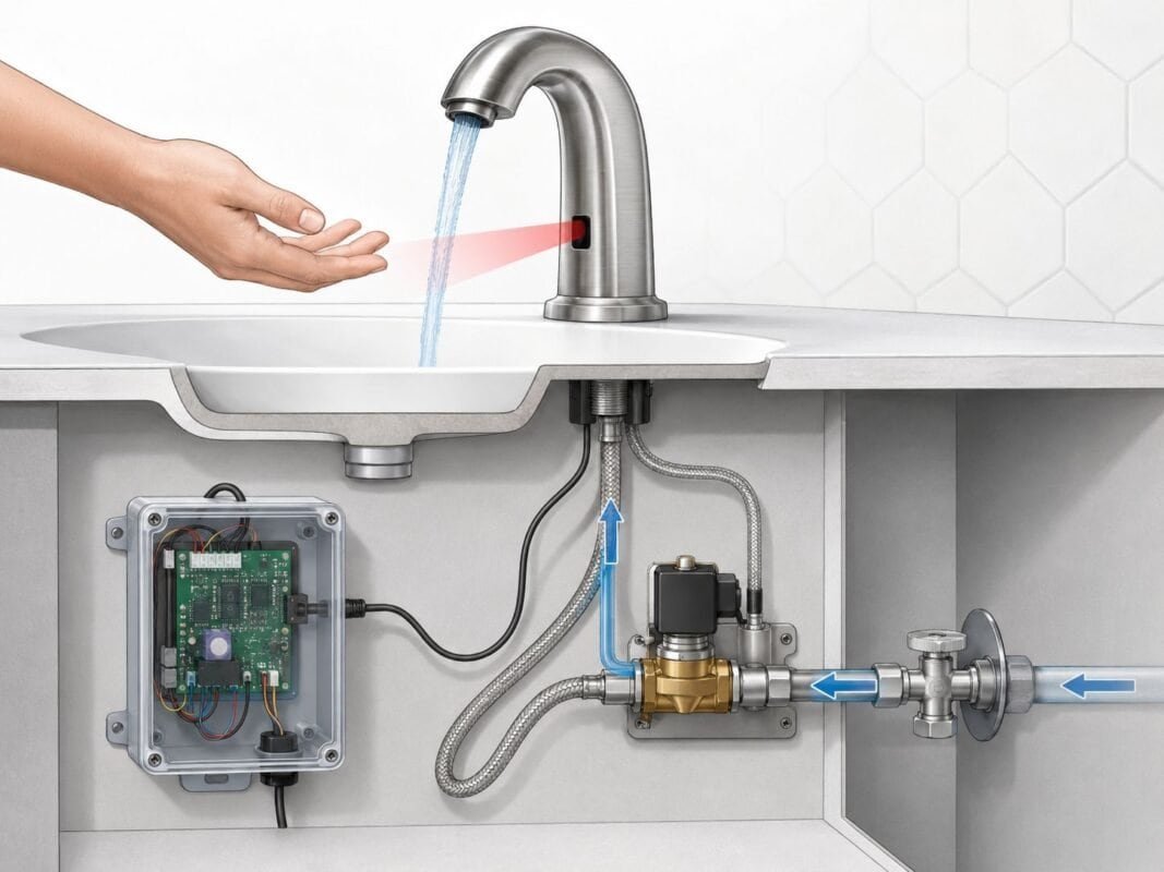 Diagram showing how an infrared sensor and solenoid valve control an automatic faucet