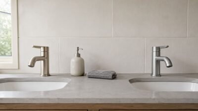 Brushed nickel and stainless steel faucets compared on a modern double-sink vanity