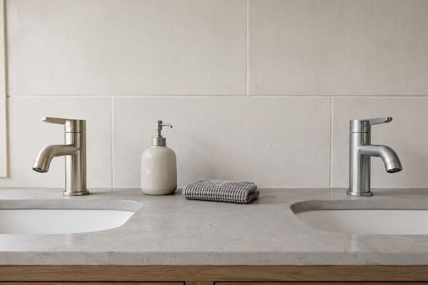 Brushed nickel and stainless steel faucets compared on a modern double-sink vanity