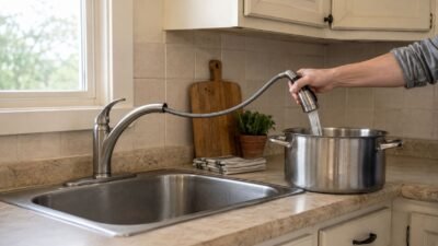 Pull-out kitchen faucet filling a stockpot beside a compact kitchen sink
