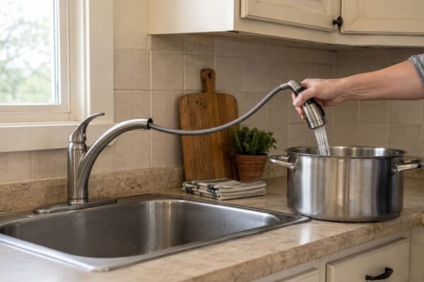 Pull-out kitchen faucet filling a stockpot beside a compact kitchen sink