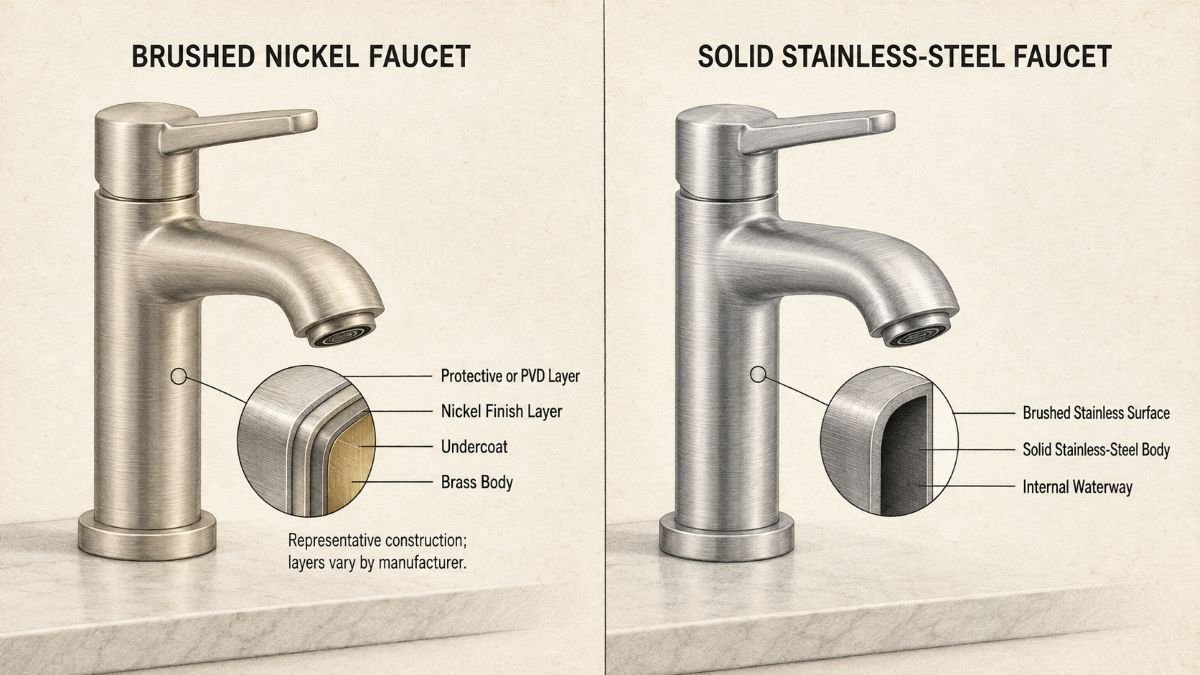 Cutaway comparison of a brushed nickel coating system and a solid stainless-steel faucet body