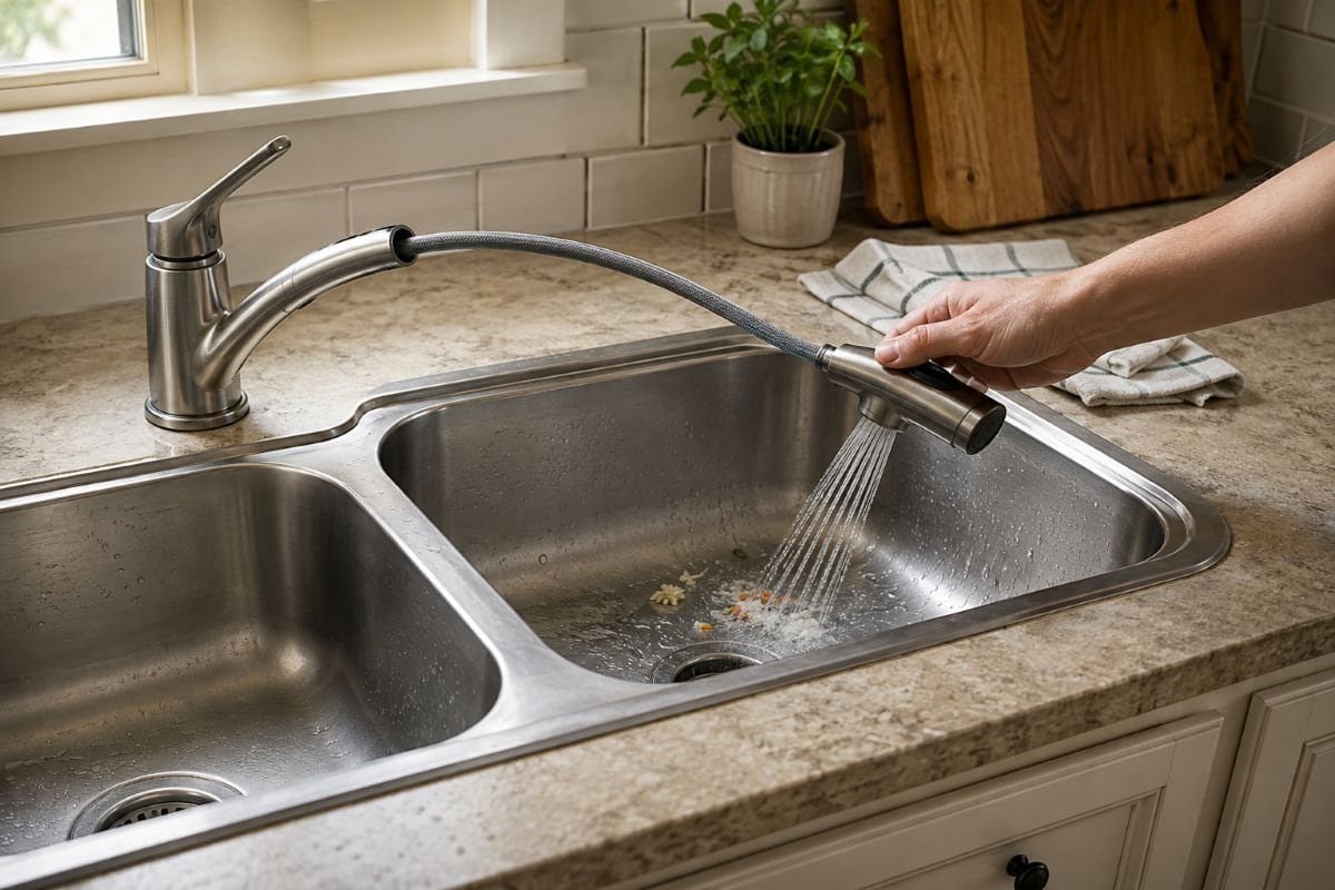 Pull-out faucet spray head rinsing the far corner of a double-basin kitchen sink