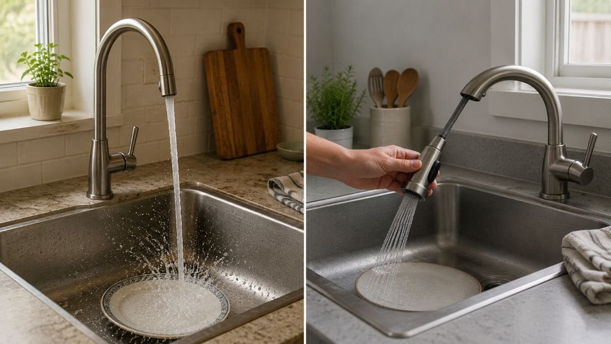 Comparison of water splash from a high stream and a pull-out spray head held closer to a shallow sink