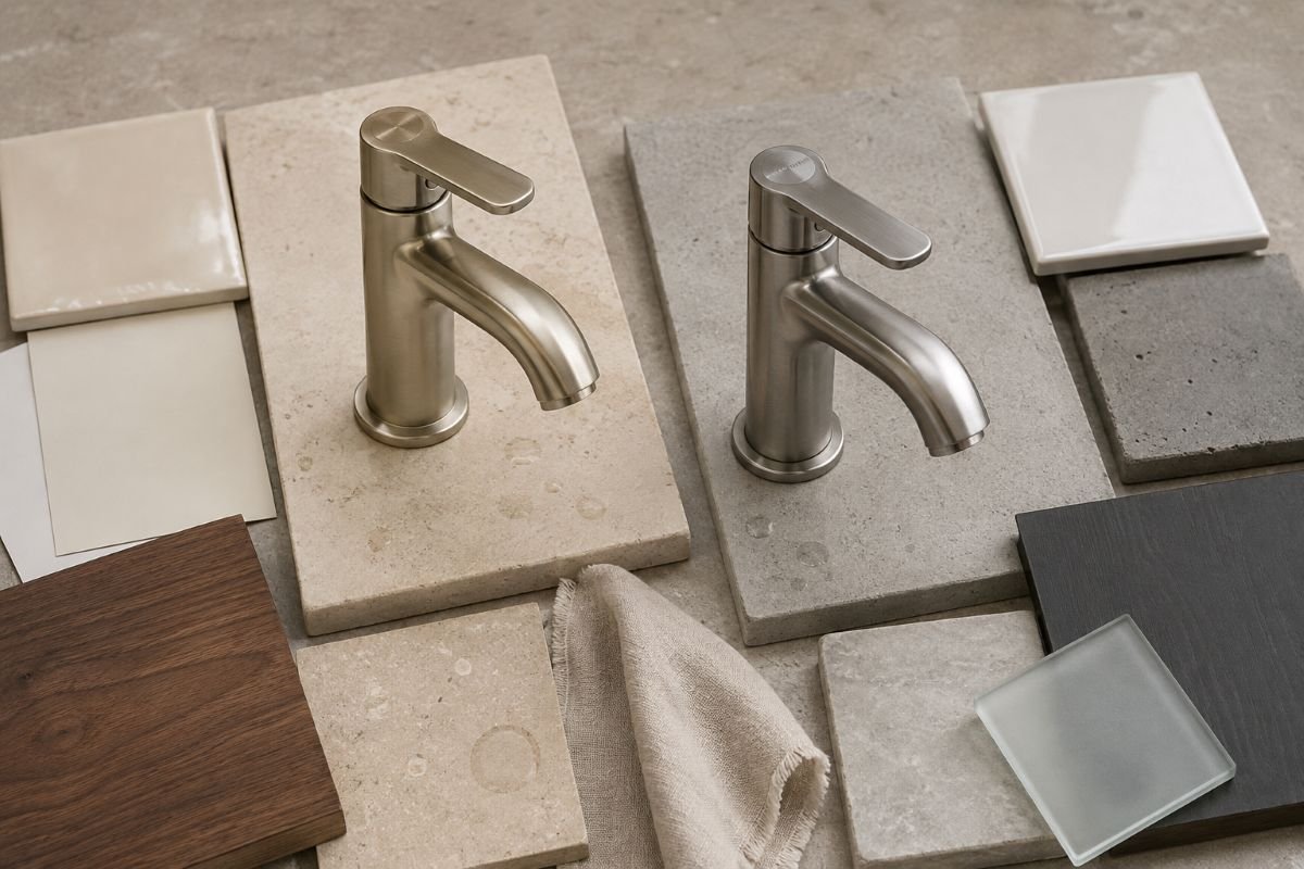 Warm brushed nickel with cream tile and wood compared with cool stainless steel and gray concrete