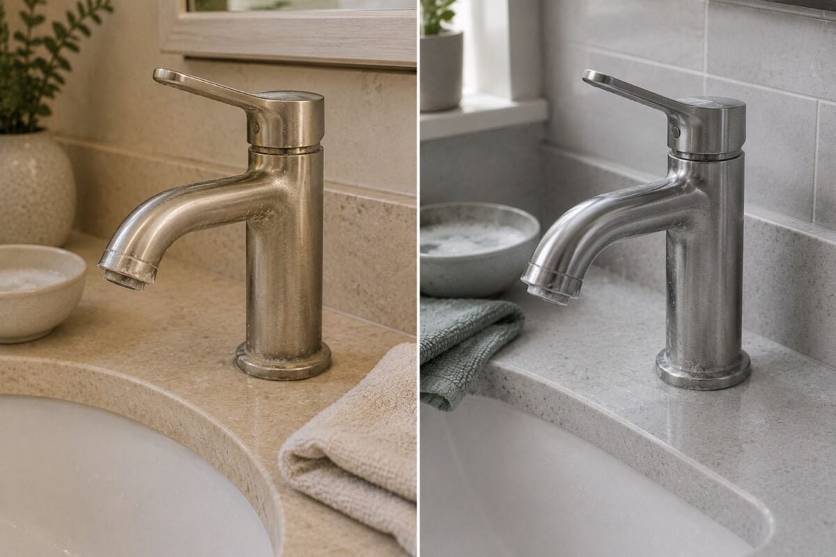 Light hard-water deposits around brushed nickel and stainless-steel faucet bases