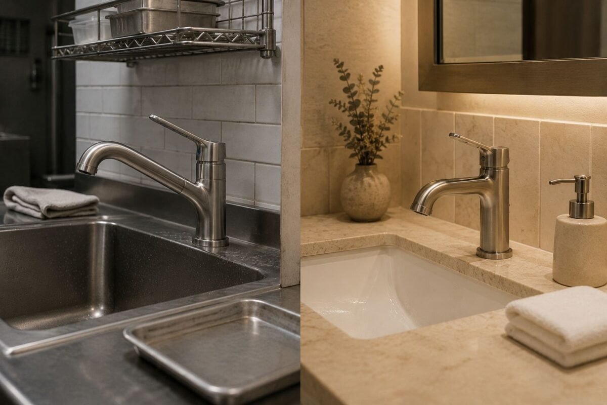 Stainless-steel faucet in a commercial service sink beside a brushed nickel hotel bathroom faucet